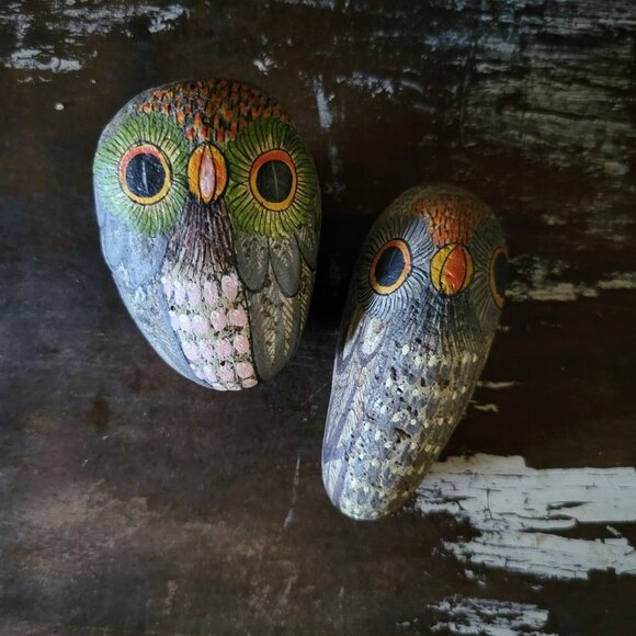 Pair of Painted Rock Owls, Hand Painted Stone Owls, Owl Paperweights - Picture 1 of 5